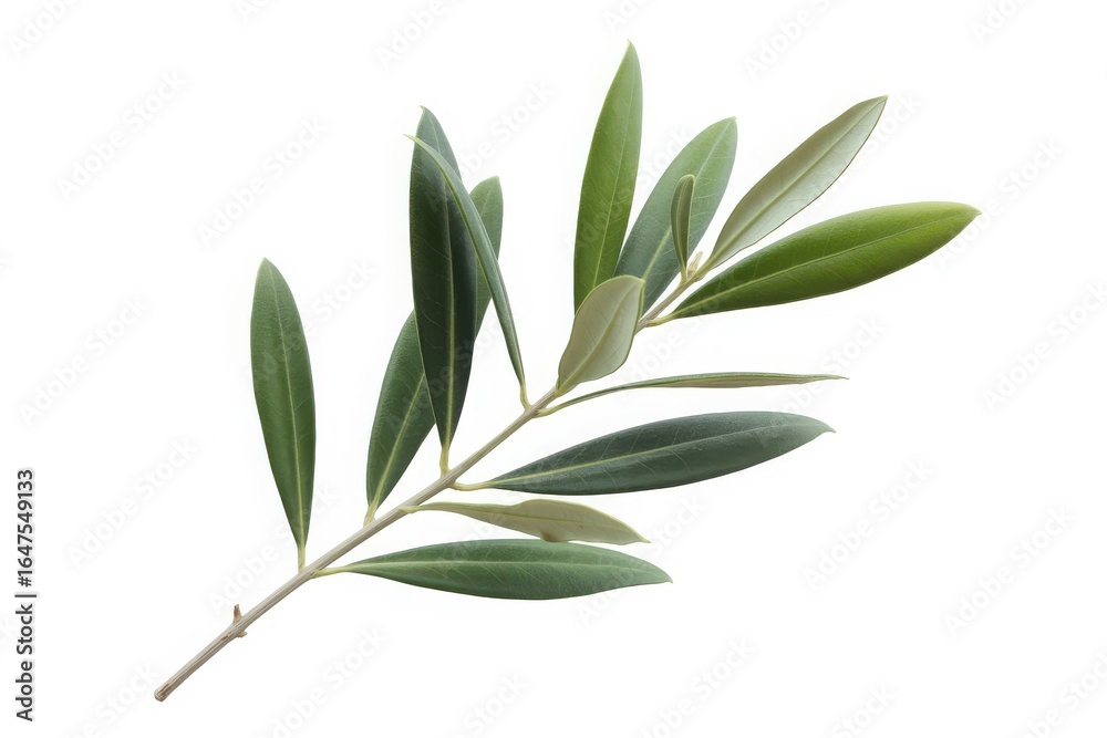 Fototapeta premium Elegant olive branch with fresh green leaves isolated on white background, perfect for design and culinary projects