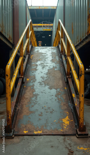 Worn Metal Loading Ramp with Yellow Safety Railings