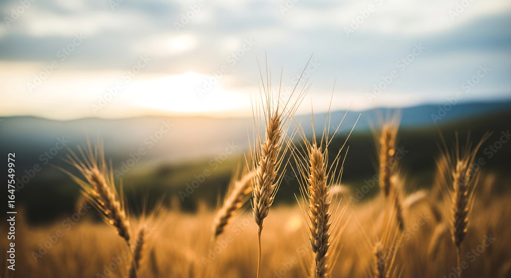 Obraz premium Close-up view of mature golden wheat stalks in a field with the sun setting behind distant rolling hills The sky features soft clouds and a hazy light