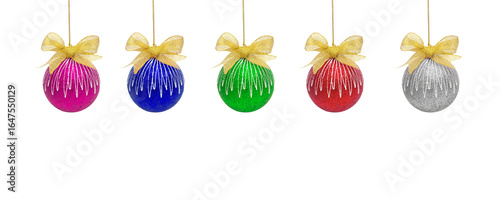 Set of New Year and Christmas balls in purple, blue, green, red and silver colors isolated on white background