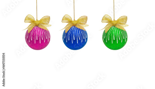 Set of New Year and Christmas balls in purple, blue and green colors isolated on white background