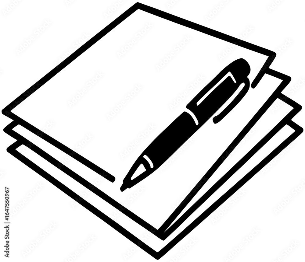 Naklejka premium Stack of Papers with Pen Icon Minimalist Black and White Vector for Education, Office and Writing
