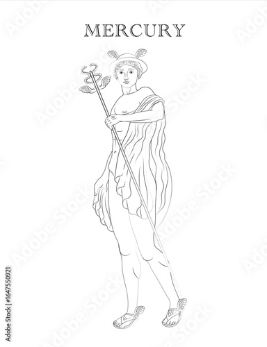 Mercury, Roman god of boundaries, commerce, communication, eloquence, financial gain, languages, luck, thieves, travelers, and trickery
