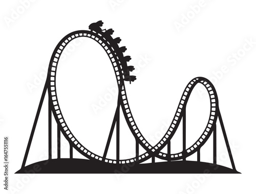 Amusement park roller coaster vector icon. Thrill ride, theme park, fun, excitement, vacation, or family entertainment symbol. Vector black silhouette. with white background
