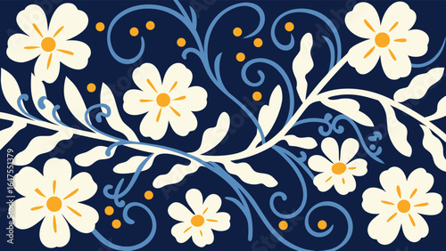 Floral pattern with white flowers, blue vines, and orange dots on a dark blue background design style