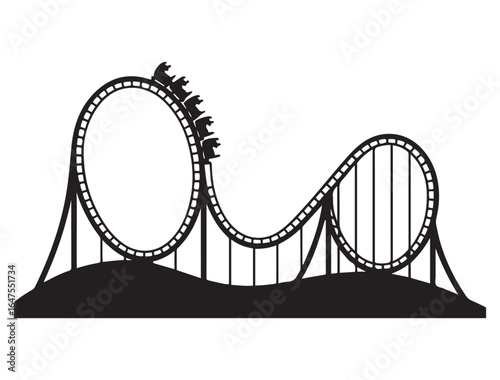 Amusement park roller coaster vector icon. Thrill ride, theme park, fun, excitement, vacation, or family entertainment symbol. Vector black silhouette. with white background