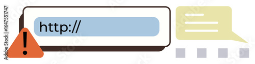 URL text bar displayed with caution alert icon, accompanied by speech bubble and three dots. Ideal for online security, error notifications, malware alerts, communication, digital warnings, user