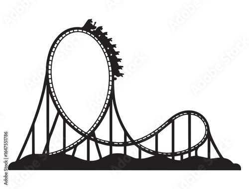 Amusement park roller coaster vector icon. Thrill ride, theme park, fun, excitement, vacation, or family entertainment symbol. Vector black silhouette. with white background