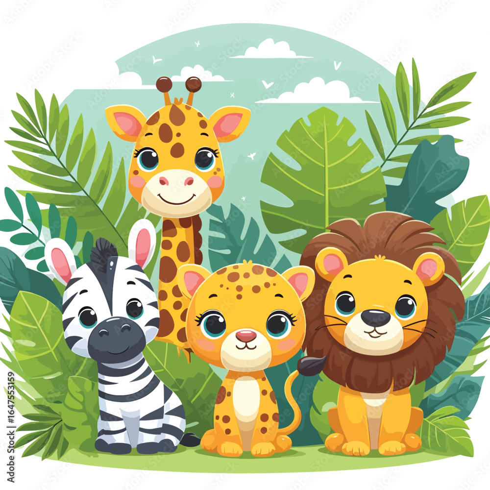 Naklejka premium A cute cartoon animal vector set of wild safari pets and a jungle character illustration