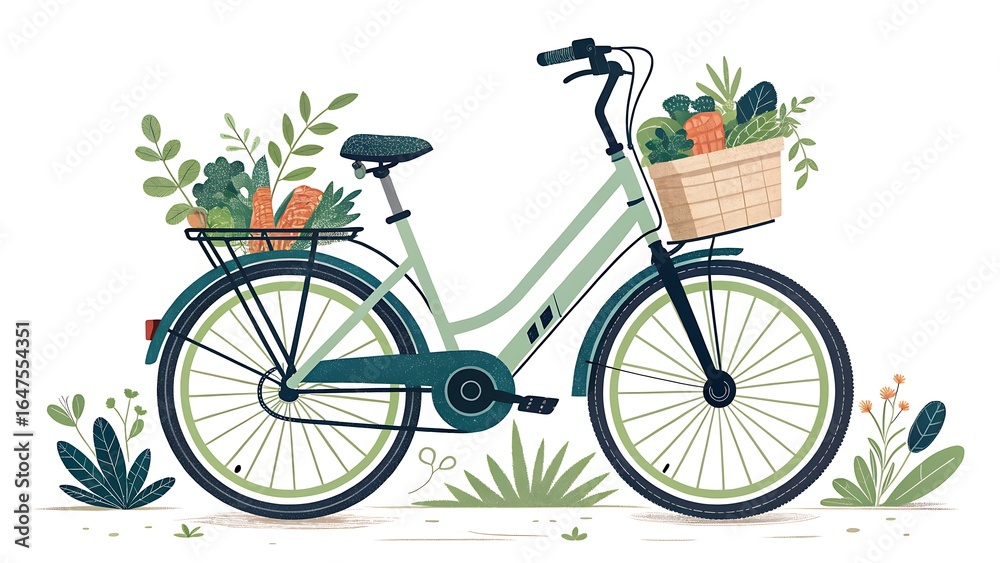 Fototapeta premium Sustainable Green Bicycle with Baskets of Fresh Organic Vegetables, Eco-Friendly Urban Transport and Healthy Lifestyle Concept, Flat Vector Illustr...