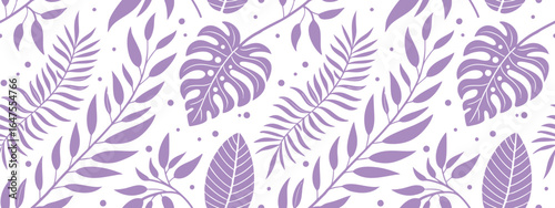Seamless tropical leaf pattern in soft purple on a white background, perfect for textiles, wallpapers, and decorative projects. Elegant botanical vector style. Modern exotic design.