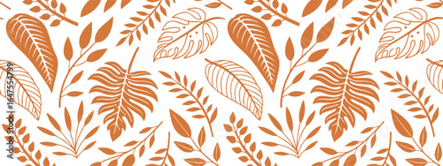 Seamless tropical leaf pattern in earthy brown on a clean white background, ideal for fabric, wallpaper, and nature-inspired projects. Elegant botanical vector style. Decorative surface design.