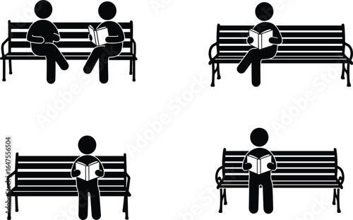 Stick Figure People Reading on Bench, Relaxing in Park, Leisure Time, Outdoor Reading, Simple Illustration, Enjoying Books, Quiet Moment, Public Space