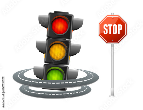 Realistic Detailed 3d Driving School Concept Set with Stop Sign, Traffic Light Illuminated and Road Around. Vector illustration