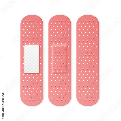 Realistic Detailed 3d Red Aid Band Plaster Strips Set Protection and Care Concept. Vector illustration of Elastic Medical Plasters