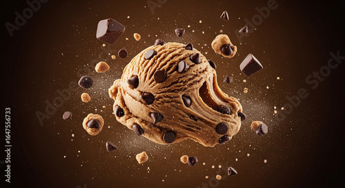 Appetizing Cookie Dough Scoop with Chocolate Chips and Flour Mist