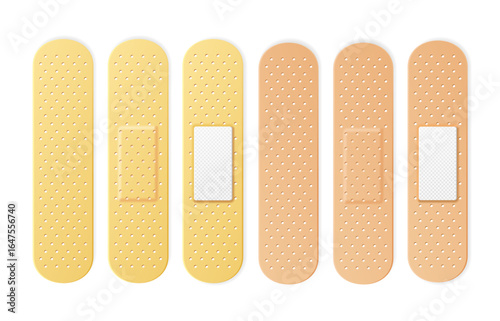Realistic Detailed 3d Aid Band Plaster Strips Set on a White. Vector illustration of Elastic Medical Plasters