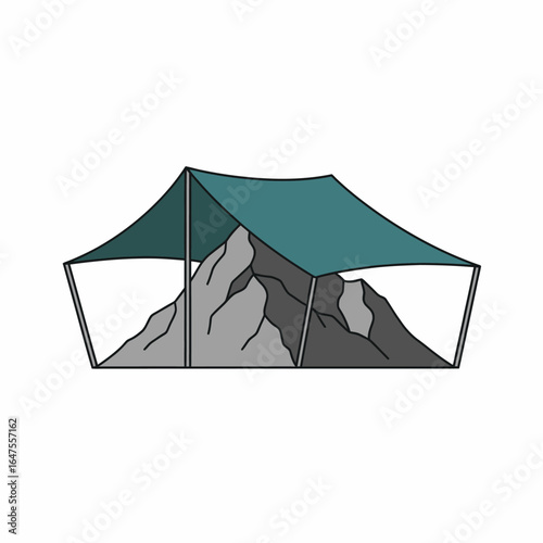 Flat vector illustration of mountain shelter with teal tarp