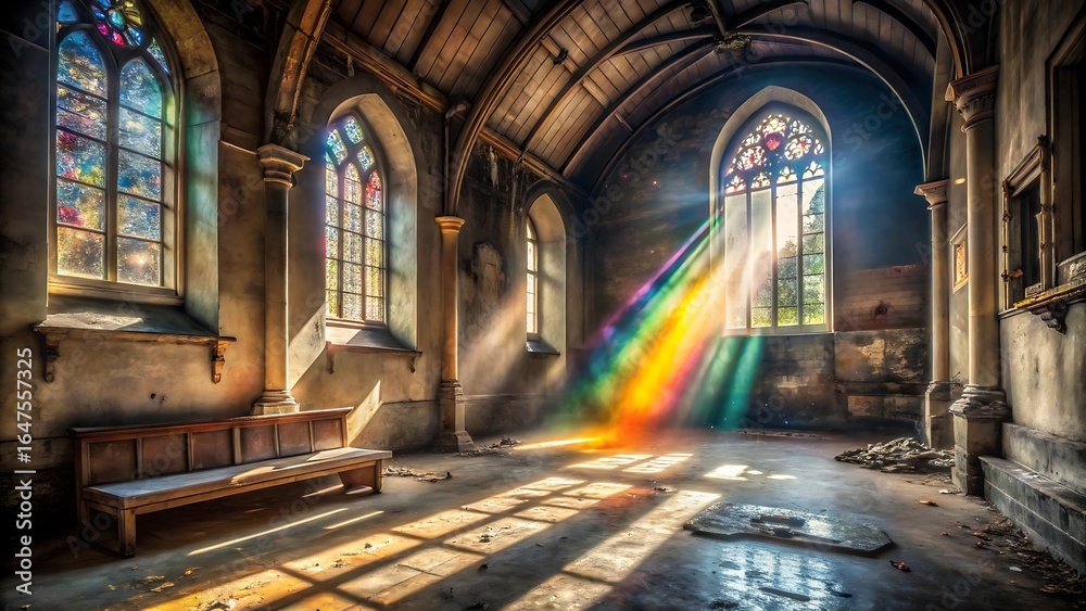 Fototapeta premium Sunlight streams through stained glass windows of an old church interior