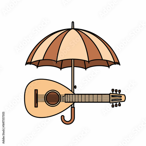 Flat vector acoustic guitar protected by open umbrella