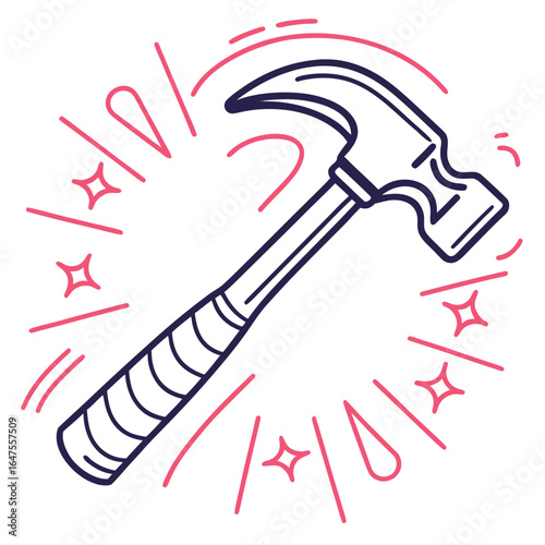 Line art illustration of a hammer tool with a starburst effect around it