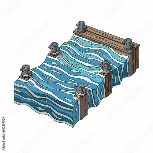 Isometric wooden dock with wavy blue water surface and bollards