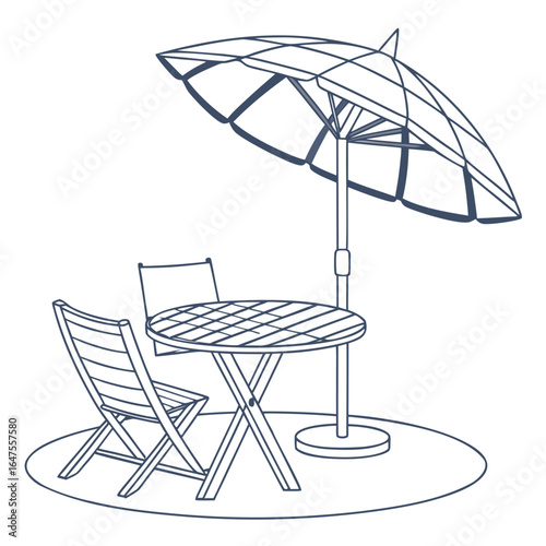 Outdoor patio set with table, chairs, and umbrella isolated on white background