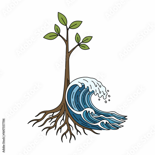 Flat illustration of tree roots in ocean wave water