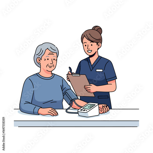 Geriatric care with nurse checking senior patient's blood pressure, vector illustration