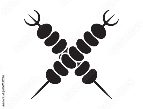 Crossed kebabs on skewers vector icon. Perfect for barbecue, grill, or outdoor cooking themes. Vector black silhouette. with white background