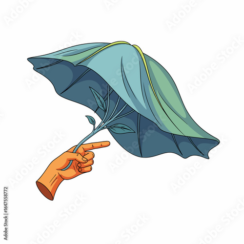 Illustration hand holding blue umbrella against strong wind