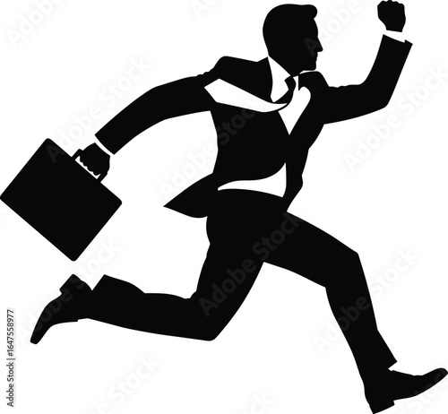 Silhouette of a Businessman Running with Briefcase, Fast-Paced Movement, Professional, Business, and Career Concept for Success