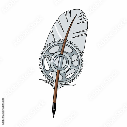 Flat vector quill pen with steampunk gear