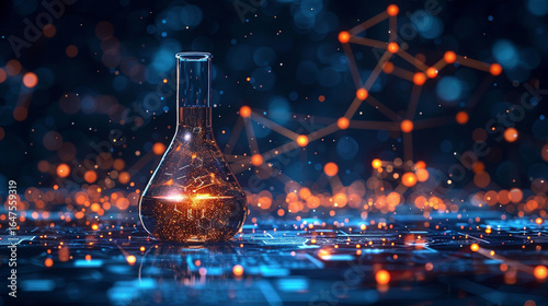 Abstract science flask on digital circuit board.