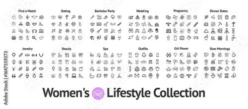 Women Lifestyle Sign Black Thin Line Icon Set Include of Beauty, Jewelry, Spa and Outfits. Vector illustration of Icons