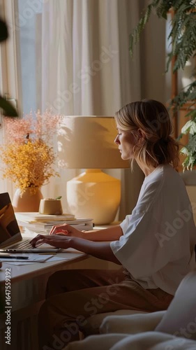 Woman working on laptop in cozy sunlit room surrounded by plants and warm lighting