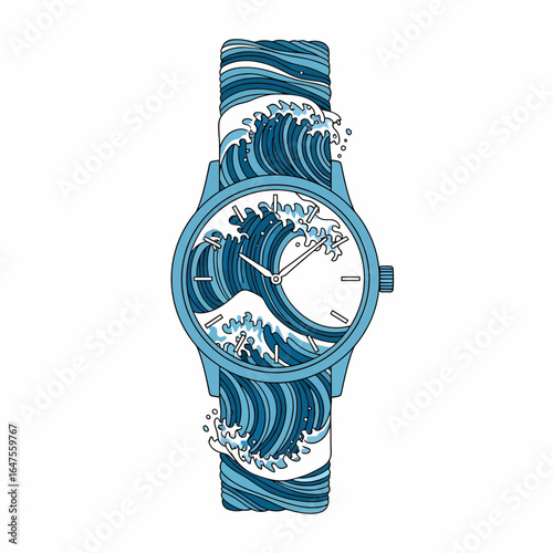 Digital illustration of a blue wave patterned wristwatch