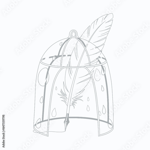 Glass dome with quill and feathers detailed engraving