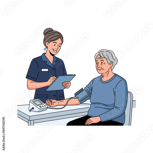 Geriatric care with nurse checking senior patient's blood pressure, vector illustration