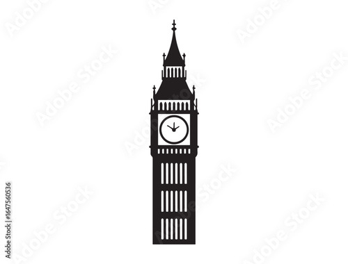 Big Ben vector icon. Iconic clock tower symbol for London, travel, and British architecture. Vector black silhouette. with white background