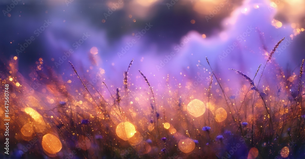 Fototapeta premium Magical meadow scene. Golden light filters through tall grasses under purple sky. Bokeh effects create dreamy atmosphere. Peaceful, serene view.