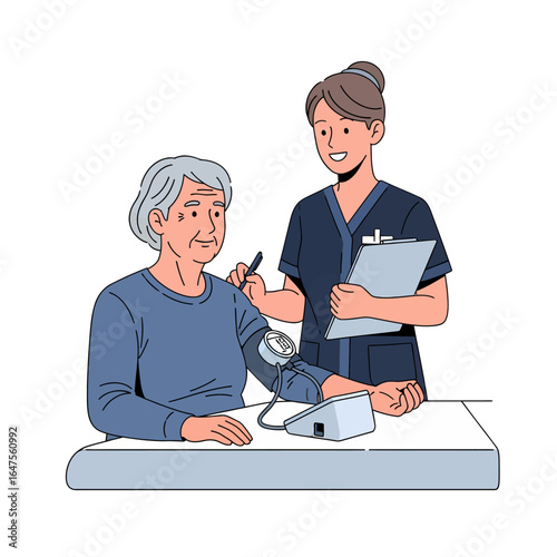 Geriatric care with nurse checking senior patient's blood pressure, vector illustration