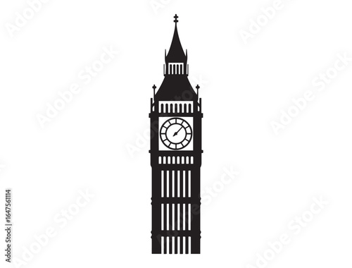 Big Ben vector icon. Iconic clock tower symbol for London, travel, and British architecture. Vector black silhouette. with white background