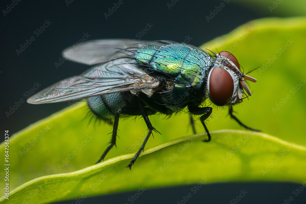 Green bottle fly standing on a vibrant green leaf Green bottle fly standing on a vibrant green leaf