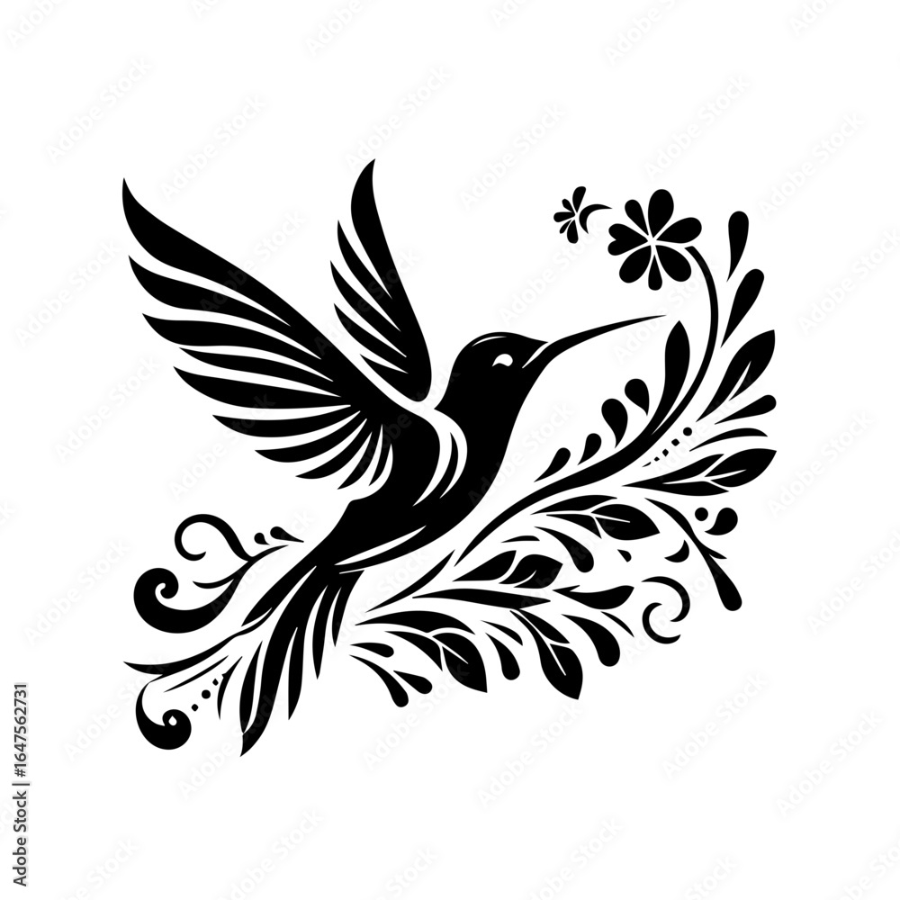 Obraz premium Elegant Hummingbird and Floral Silhouette Design.