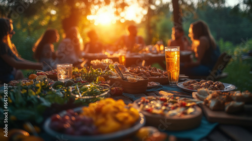 a group of friends enjoying a picnic outdoors during sunset with food and drinks