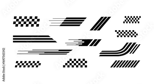 Dynamic racing stripes with checkered design elements for automotive applications and graphic designs