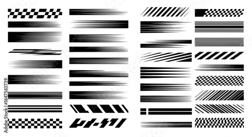 Dynamic set of speed lines and checkered patterns for modern designs and racing concepts, vector art