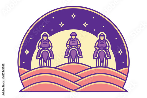 Three figures on horseback in desert landscape under starry sky horses dunes