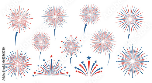 Festive red, white, and blue fireworks display evoking celebration and patriotic spirit for holiday design projects